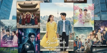 Pôsteres coloridos de diversos doramas lançados em março de 2026, com atores coreanos e elementos de romance, história e mistério.
