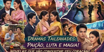 Capa de doramas tailandeses populares no Brasil em 2025, com atores em destaque e elementos culturais da Tailândia.