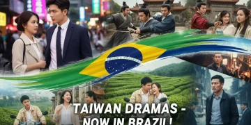 Montagem vibrante de cenas de doramas taiwaneses que chegam ao Brasil em 2026, com atores em cenários modernos e históricos, simbolizando a diversidade das produções.