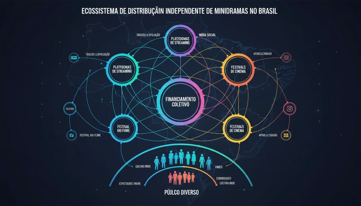 Infográfico detalhando as estratégias de distribuição e financiamento para minidramas independentes no Brasil pós-2025.