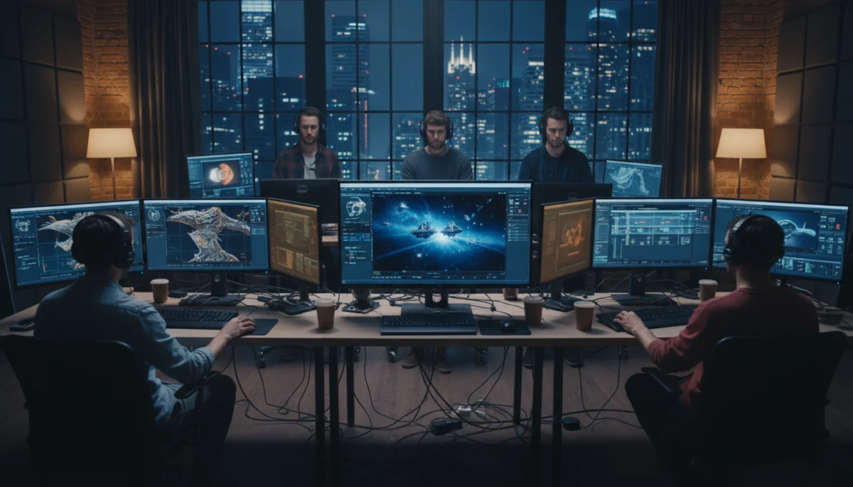 Artistas de efeitos visuais trabalhando em computadores, criando cenas digitais para uma série.