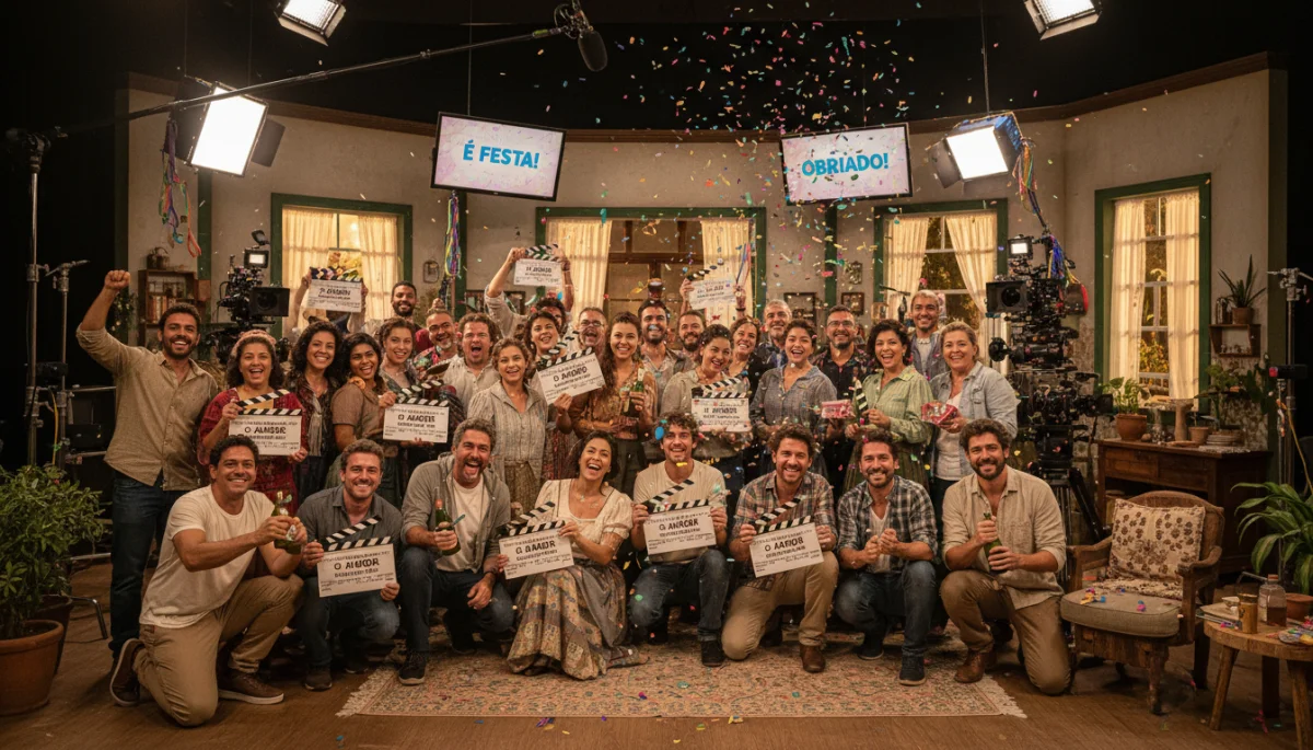 Elenco e equipe de dorama brasileiro celebrando o fim das gravações no set.
