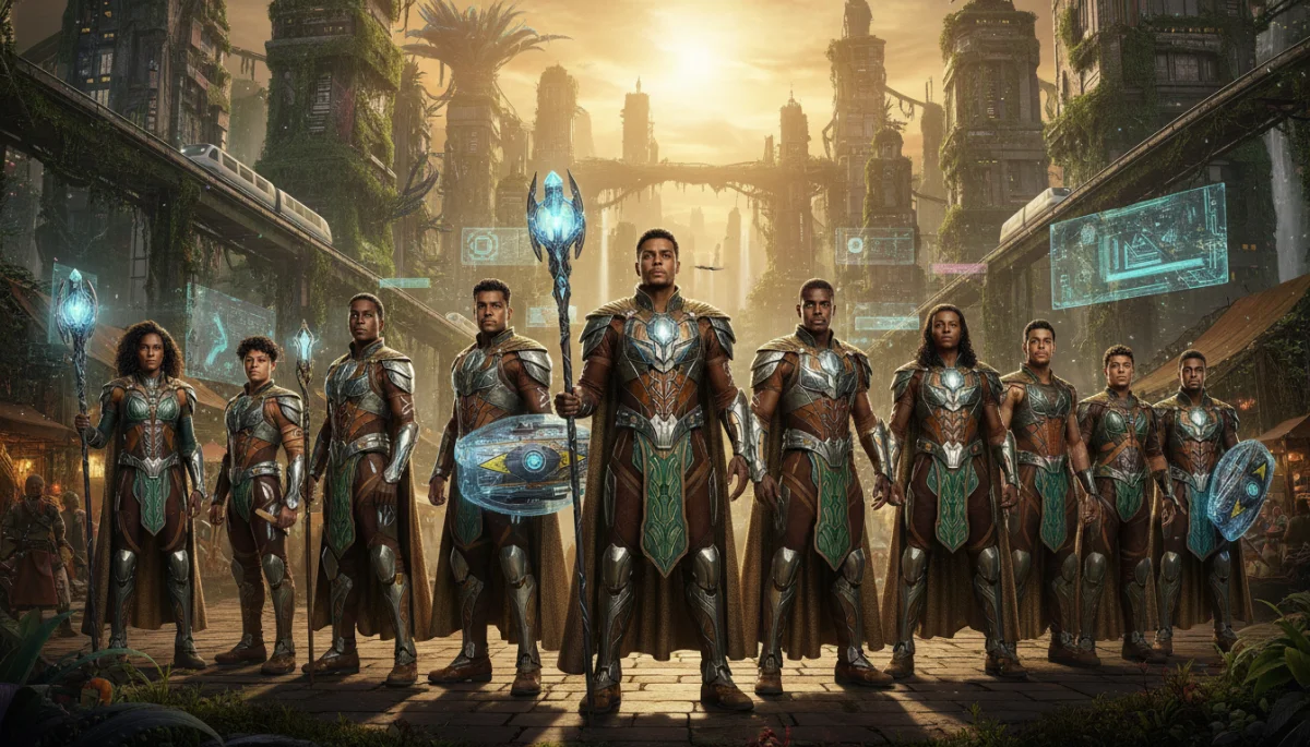 Elenco de um minidrama de ficção científica brasileiro em trajes futuristas.