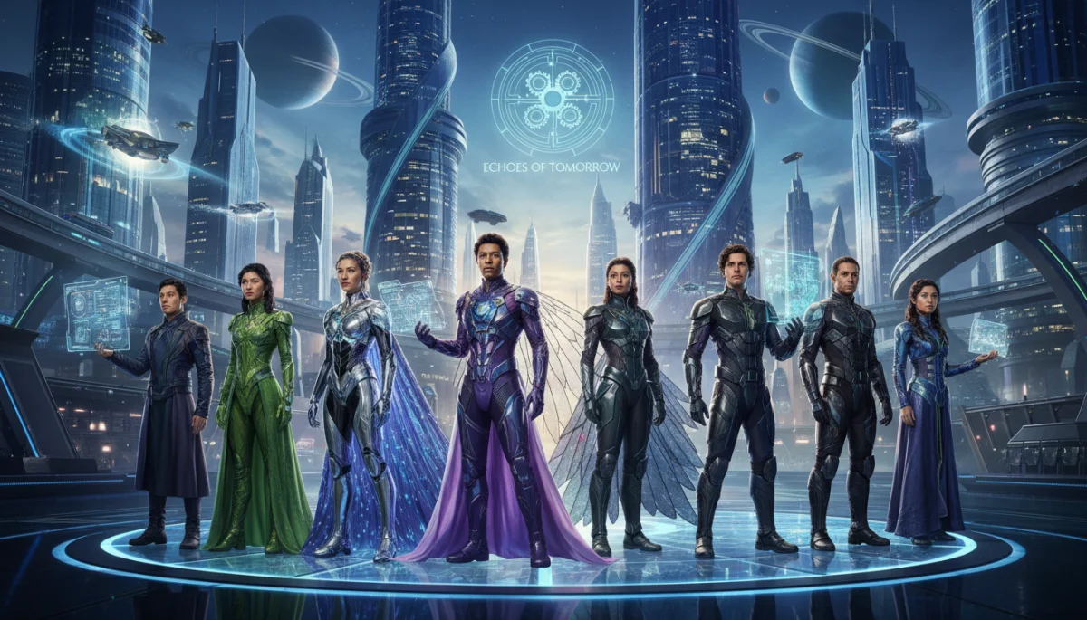 Elenco diverso em um cenário futurista com tecnologia avançada e figurinos inovadores, representando uma série de 2026.