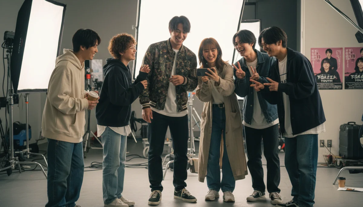 Elenco jovem de um dorama japonês interagindo nos bastidores, transmitindo a energia e o carisma dos novos talentos.