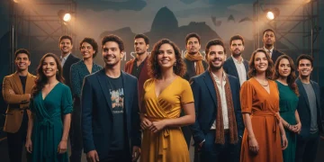 Elenco de novos talentos do audiovisual brasileiro, sorrindo e celebrando o sucesso dos minidramas nacionais de 2026.