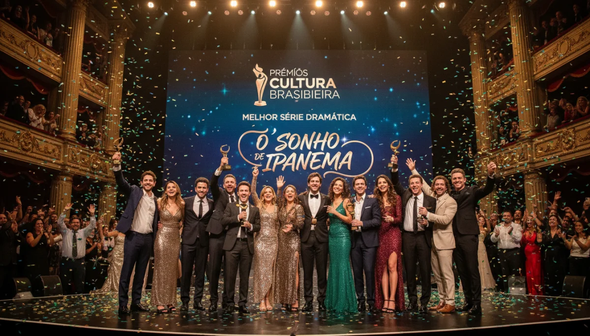 Elenco de série nacional celebrando a vitória em premiação, com troféus em mãos.