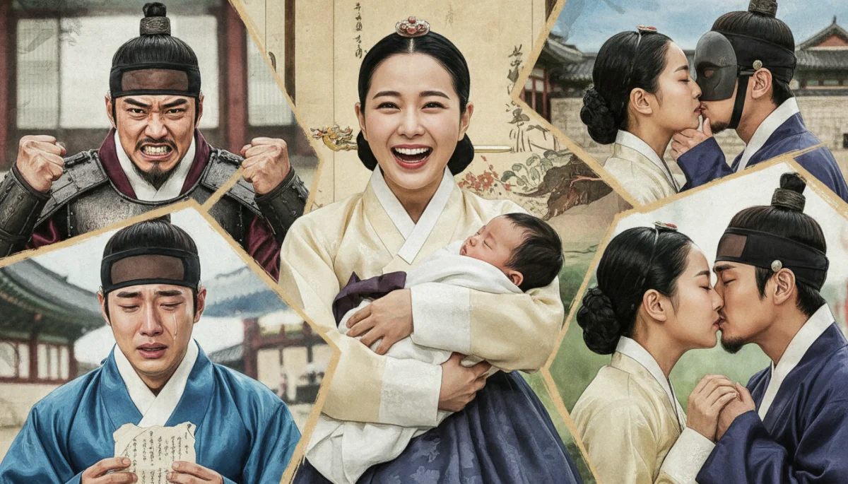 Montagem de expressões emocionais de personagens de doramas históricos, representando a riqueza da atuação.