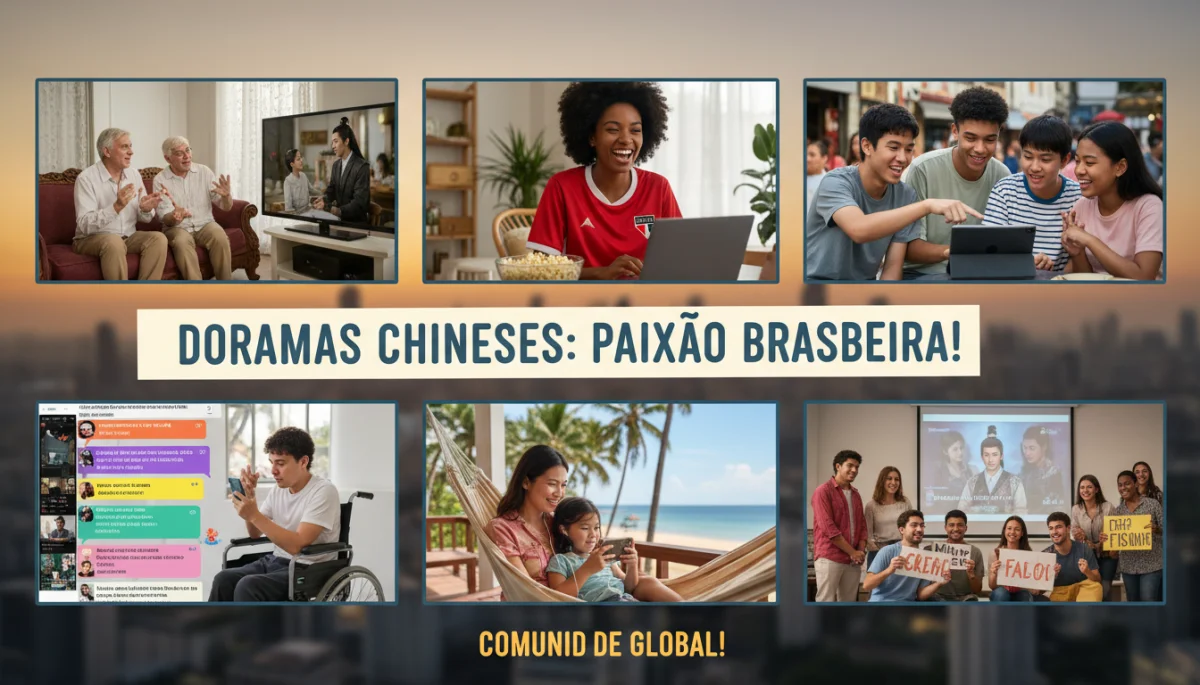 Montagem de fãs brasileiros de diversas idades e origens engajados com doramas chineses, assistindo, discutindo e participando de comunidades online.