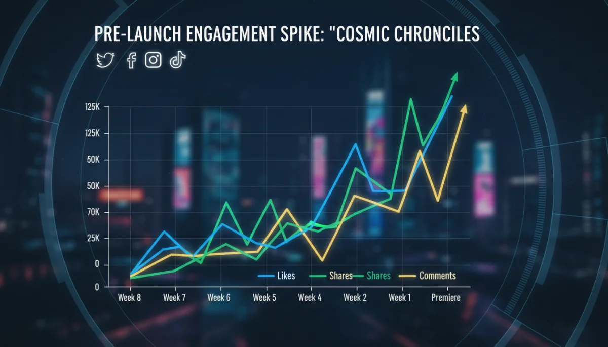 Gráfico de engajamento em redes sociais de uma série, mostrando crescimento exponencial antes do lançamento.