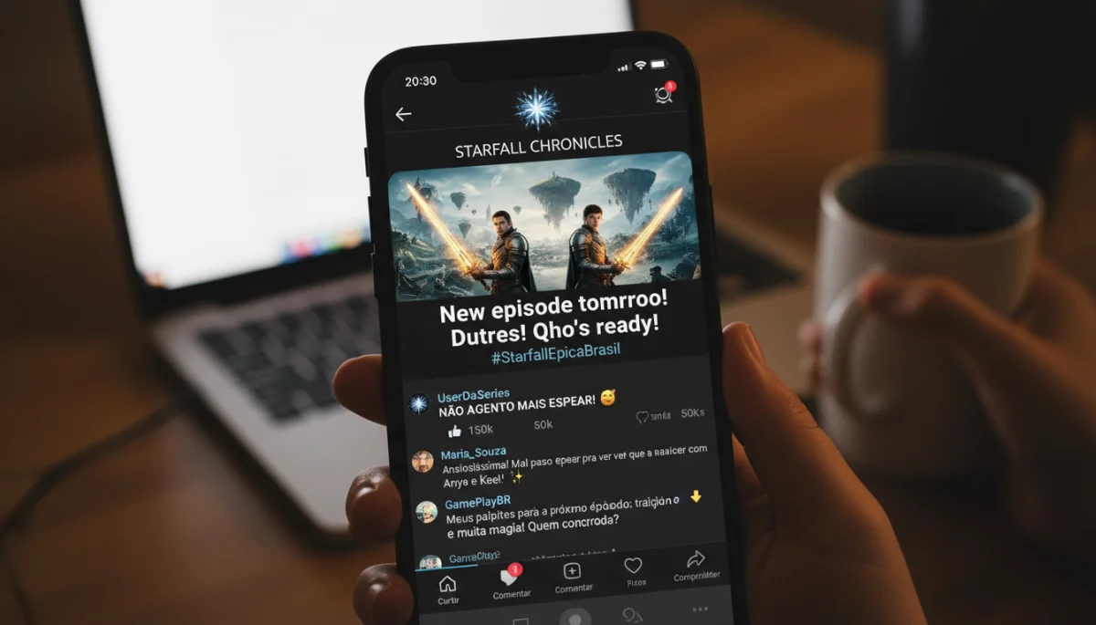 Tela de smartphone mostrando engajamento de fãs brasileiros em redes sociais sobre uma série global, com comentários e compartilhamentos em português.