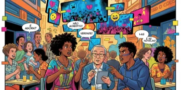 Pessoas diversas debatendo animadamente com telas de minidramas ao fundo, simbolizando o engajamento social gerado por produções nacionais em 2026.
