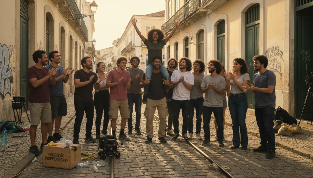 Equipe de filmagem independente celebrando uma cena de sucesso em um minidrama brasileiro, destacando a paixão e o esforço.