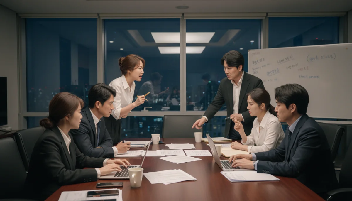 Escritores e produtores de doramas coreanos em discussão acalorada, representando desafios criativos e éticos.