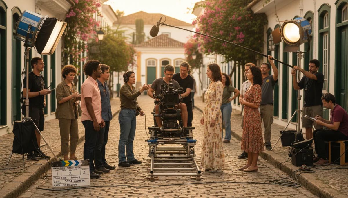 Equipe de produção de minissérie brasileira em ação nos bastidores, com câmeras e iluminação.