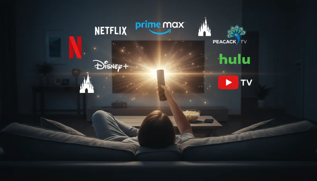 Pessoa com controle remoto, escolhendo séries entre diversos serviços de streaming.