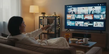 Pessoa escolhendo dorama em uma tela de TV, com um ambiente aconchegante e pipoca.