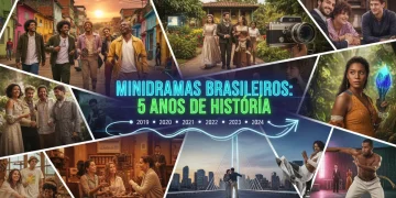 Colagem vibrante de cenas de minidramas brasileiros, representando a diversidade e a evolução do formato nos últimos cinco anos.