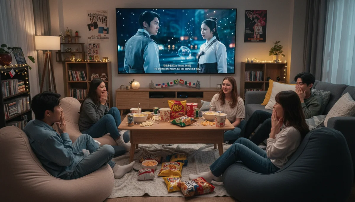 Grupo de amigos assistindo a um dorama coreano com entusiasmo em uma sala aconchegante, representando a experiência de consumo de conteúdo.