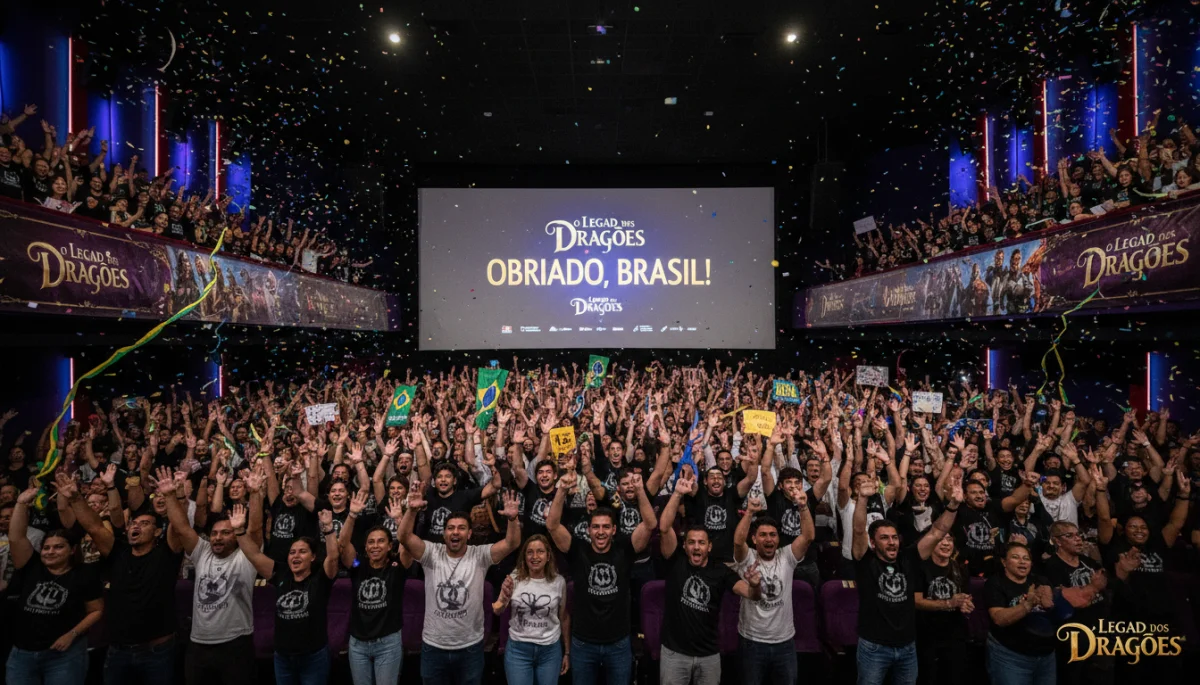 Multidão de fãs brasileiros celebrando o sucesso de uma série estrangeira adaptada em um evento lotado.