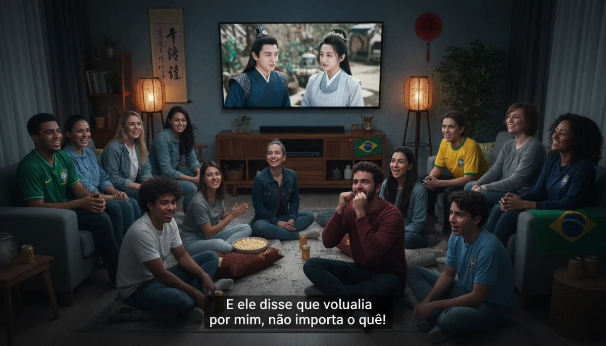 Fãs brasileiros assistindo a um dorama chinês com legendas, demonstrando o engajamento com o conteúdo internacional.