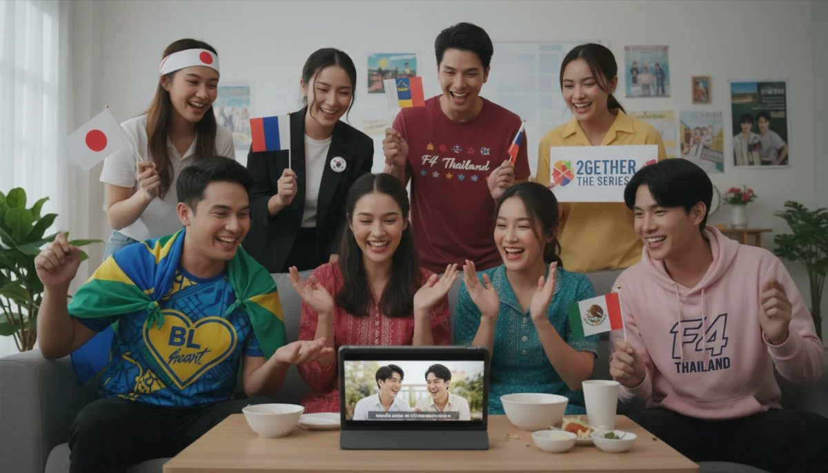 Fãs internacionais assistindo e celebrando o sucesso de doramas tailandeses de baixo orçamento em seus dispositivos.