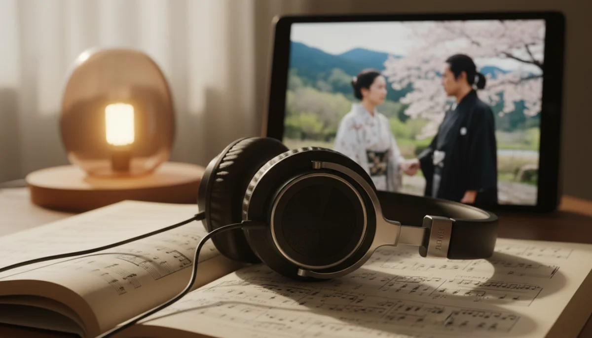 Fones de ouvido sobre partitura com cena de dorama ao fundo, representando a imersão na música.