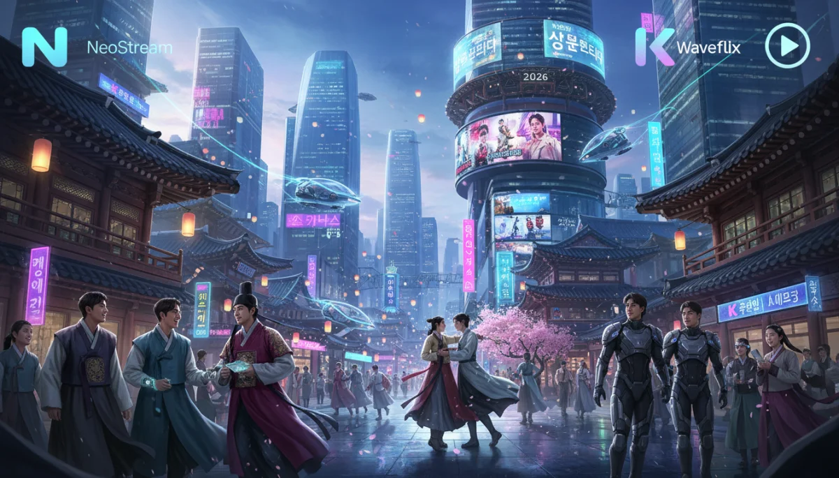 Ilustração de uma cidade futurista coreana com toques tradicionais, simbolizando a inovação e diversidade dos doramas de 2026.