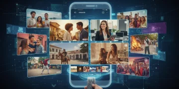 Capa do artigo sobre o futuro dos minidramas no Brasil, com imagens de celulares, telas de streaming e atores brasileiros.