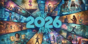Colagem vibrante de cenas de séries curtas com elementos brasileiros, simbolizando o futuro do formato no Brasil em 2026.