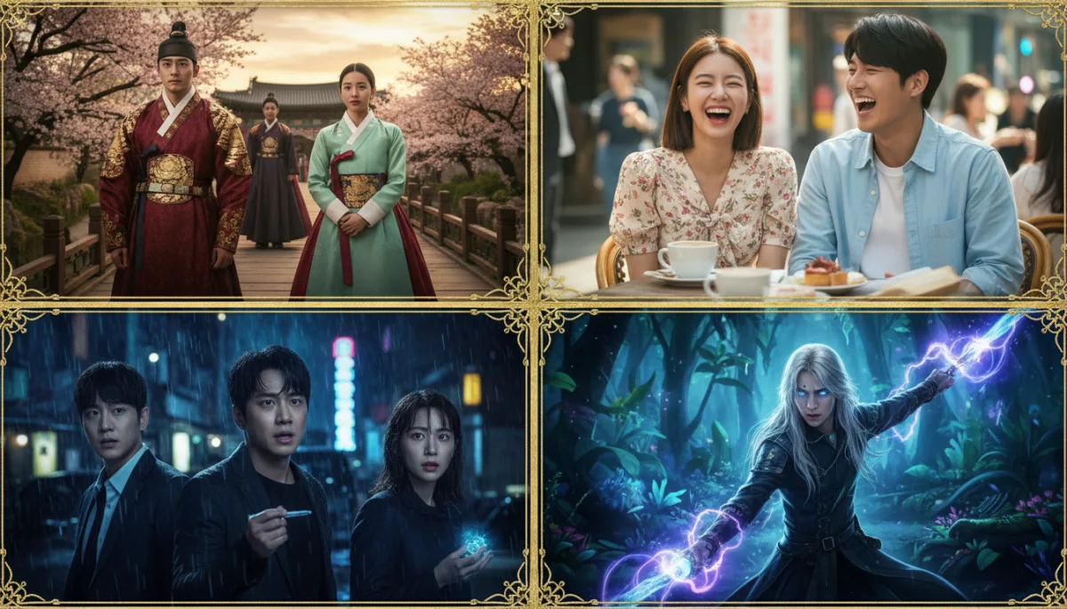Colagem de cenas de diferentes gêneros de doramas, como romance, história e suspense.