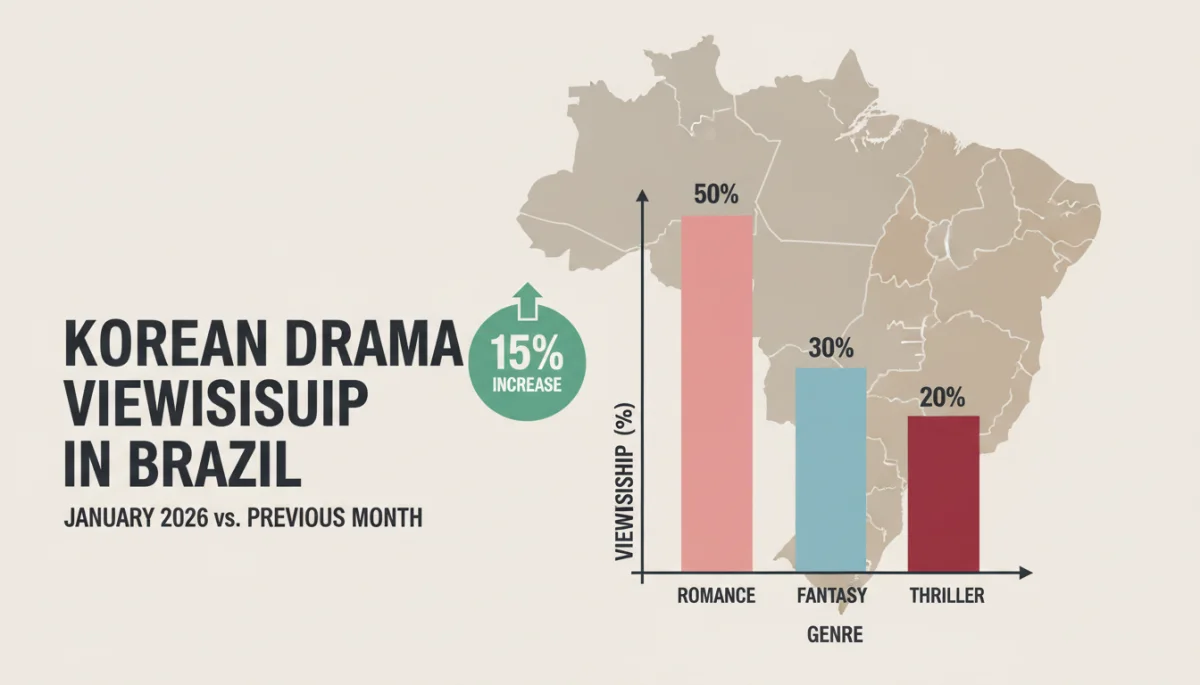 Gráfico de barras ilustrando o aumento de 15% na audiência de doramas coreanos no Brasil em janeiro de 2026.