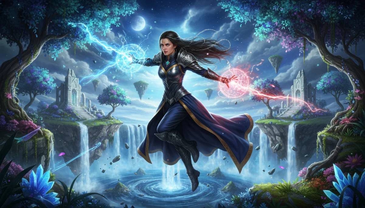 Heroína de dorama de fantasia em uma cena de ação mágica, com paisagem fantástica.