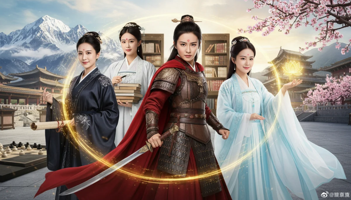 Diversidade de heroínas de doramas chineses, exibindo diferentes formas de força e liderança.