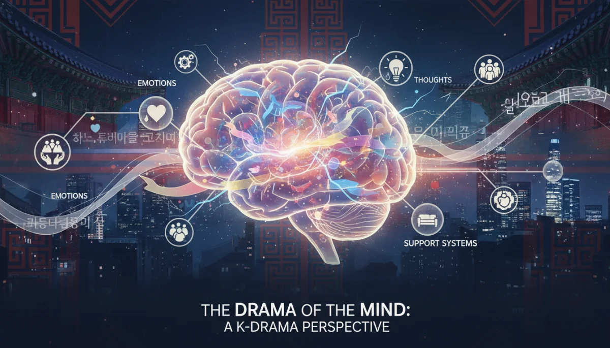 Ilustração abstrata sobre saúde mental e apoio, com elementos culturais de doramas.