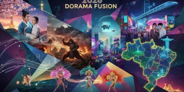 Capa ilustrando o impacto cultural dos doramas no Brasil, com elementos visuais da Coreia do Sul, Japão e China, e referências brasileiras.