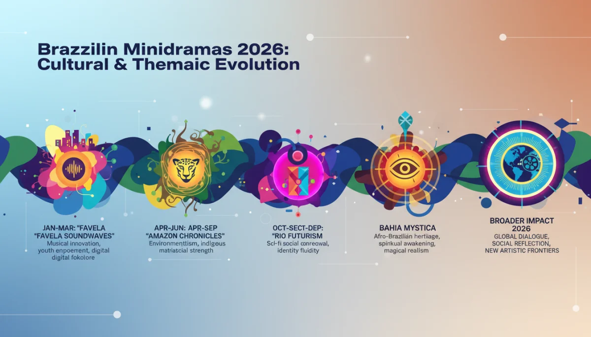 Infográfico sobre o impacto cultural e as inovações temáticas dos minidramas brasileiros de 2026.