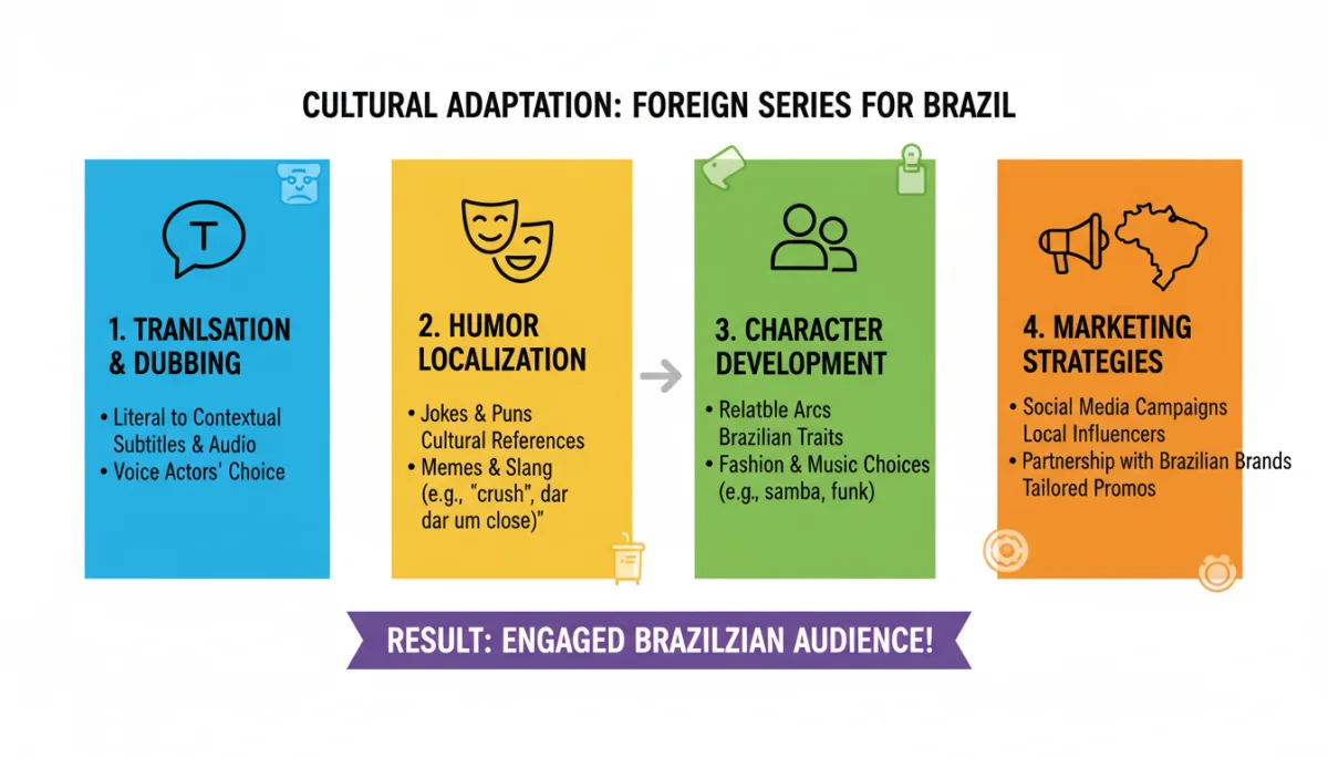 Infográfico detalhando as etapas da adaptação cultural de séries estrangeiras para o público brasileiro.
