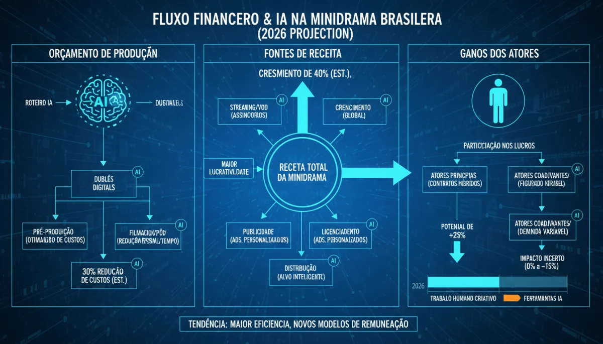 Infográfico detalhando o impacto financeiro da IA na indústria de mini dramas brasileiros, afetando os ganhos dos atores.