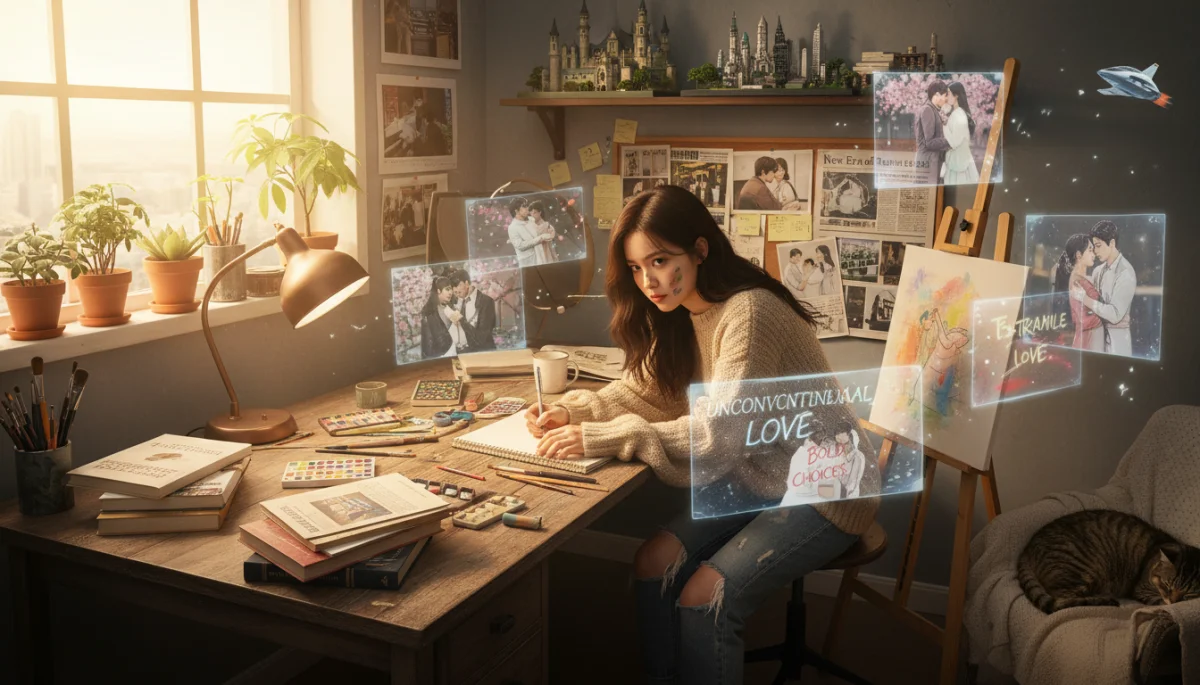 Personagem de dorama escrevendo ou criando arte, simbolizando a inovação narrativa.