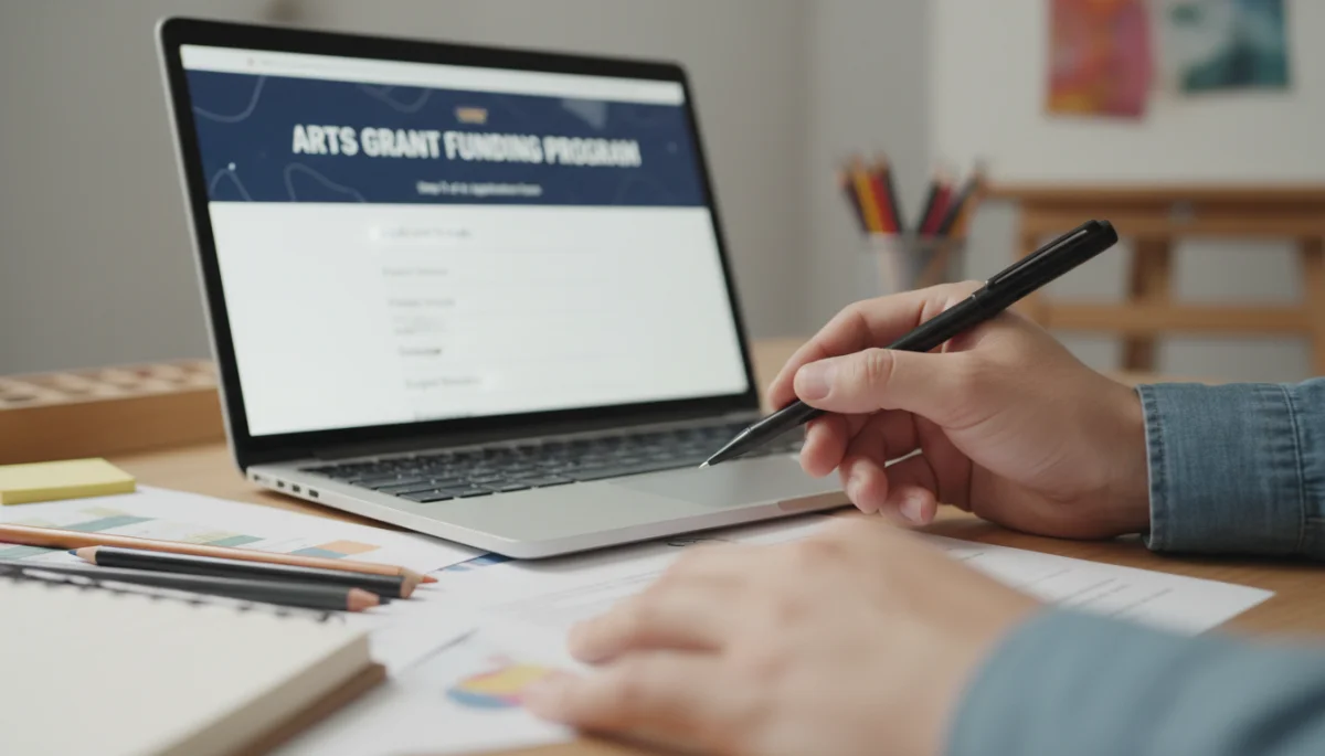 Mão preenchendo formulário de inscrição online para programa de financiamento audiovisual.