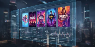 Interface digital futurista com pôsteres de séries brasileiras e dados de lançamento para 2026.