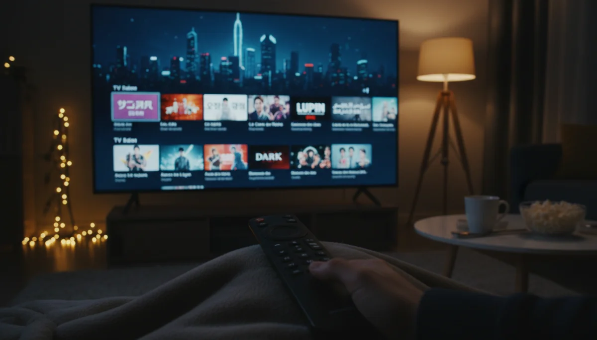 Interface de streaming em uma Smart TV exibindo diversas séries internacionais, com um controle remoto em primeiro plano.