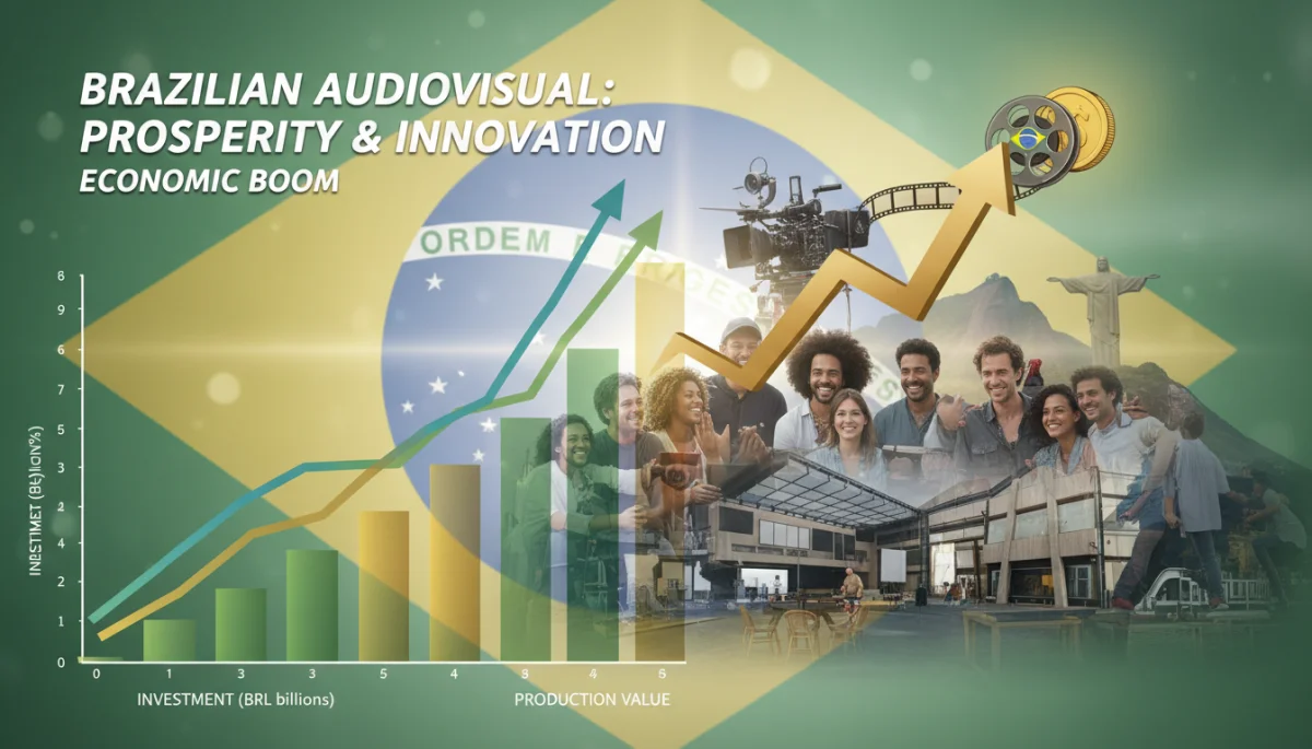 Gráficos de crescimento financeiro e investimento no setor audiovisual brasileiro, com imagens de talentos diversos e estúdios, simbolizando o avanço econômico.
