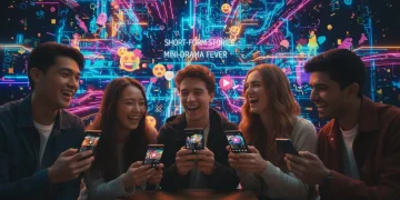 Jovens assistindo a minidramas em smartphones com expressões de encantamento e diversão.
