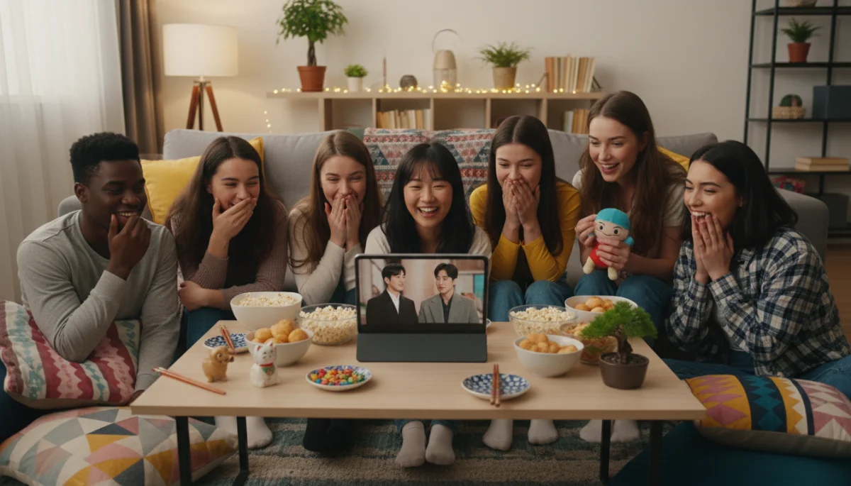 Jovens brasileiros assistindo doramas juntos, celebrando a cultura asiática e o entretenimento.
