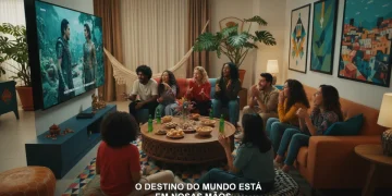 Jovens brasileiros assistindo a uma série global de sucesso, com legendas em português, em um ambiente aconchegante e moderno, simbolizando o impacto cultural.