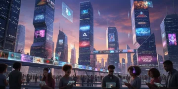 Pessoas assistindo a séries em telas digitais com uma cidade futurista ao fundo, simbolizando o lançamento de séries internacionais em 2026.