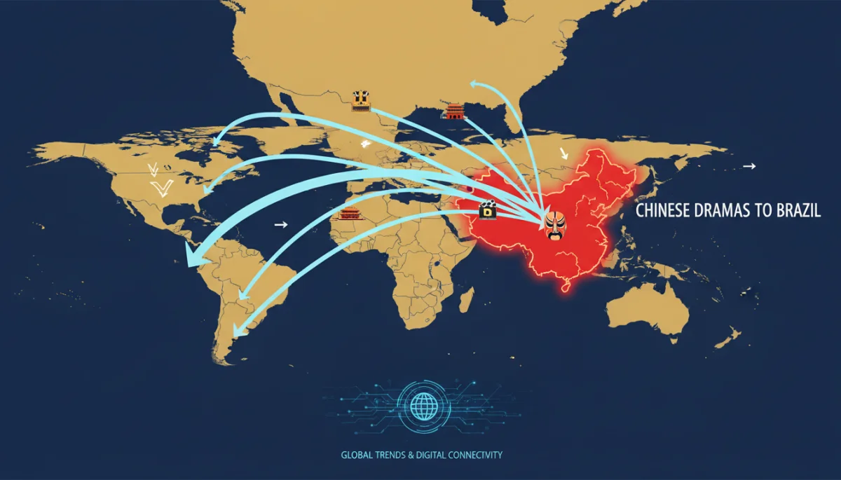 Mapa-múndi ilustrando a conexão cultural entre Brasil e China via doramas