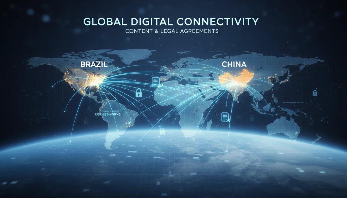 Mapa-múndi com destaque para Brasil e China, indicando a conexão de conteúdo digital e acordos internacionais.